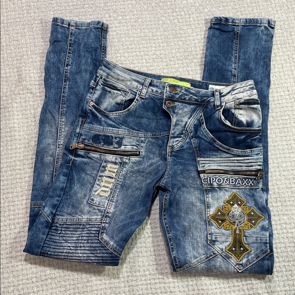 Men's Slim Blue Denim Jeans with Embroidered Cross
